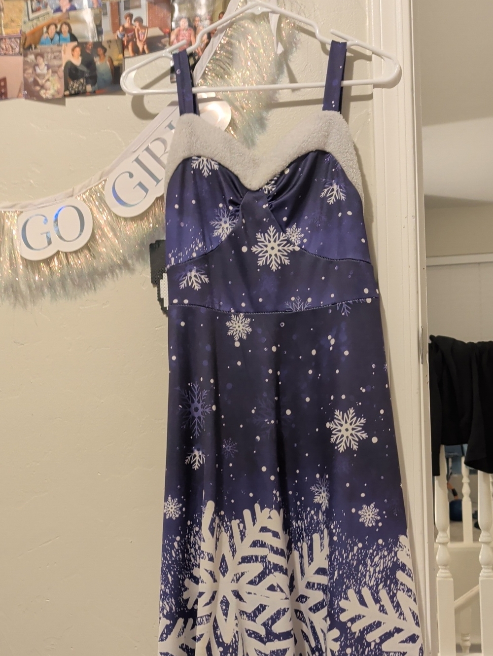 Women's Navy Snowflake Sleep Chemise with Faux Fur Trim
